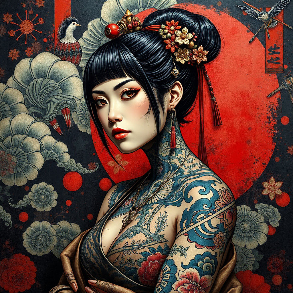 Tattooed Yakuza Woman Portrait in Hyperrealistic Style