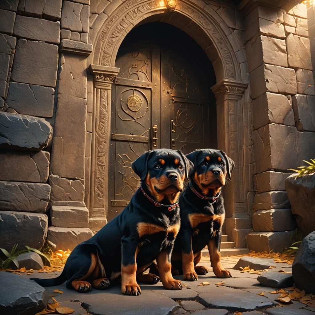 Mystical Rottweilers at Ancient Stone Entrance