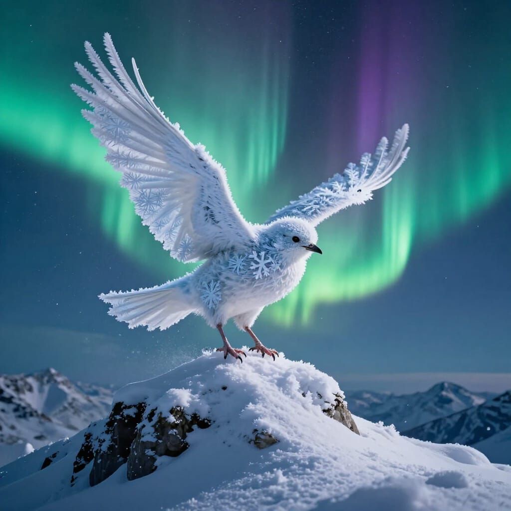 Snowflake Bird Soars Under Northern Lights