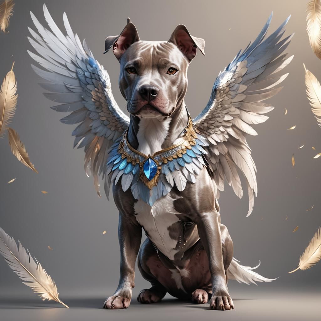 Digital Pitbull with Feathered Wings and Anime-Inspired Text...
