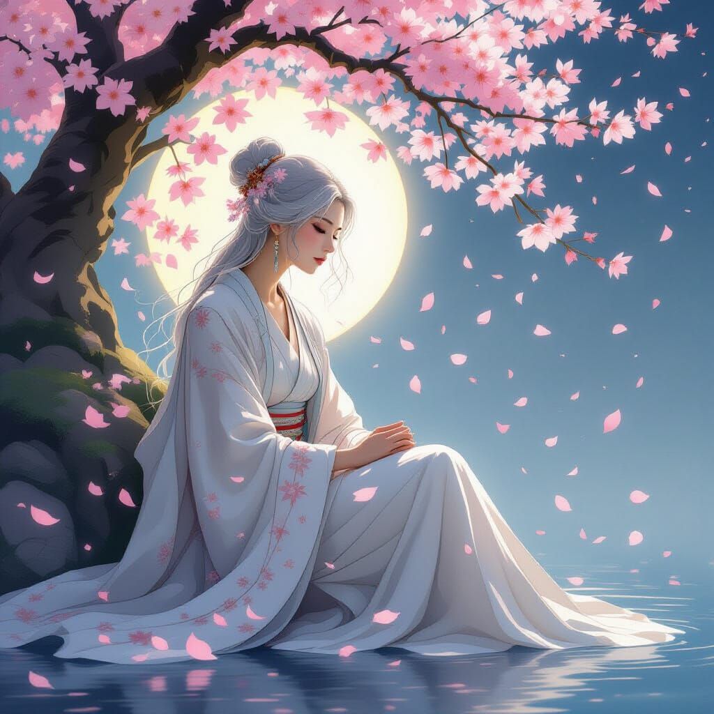 Ethereal Woman Under Sakura Tree, Art Nouveau Style