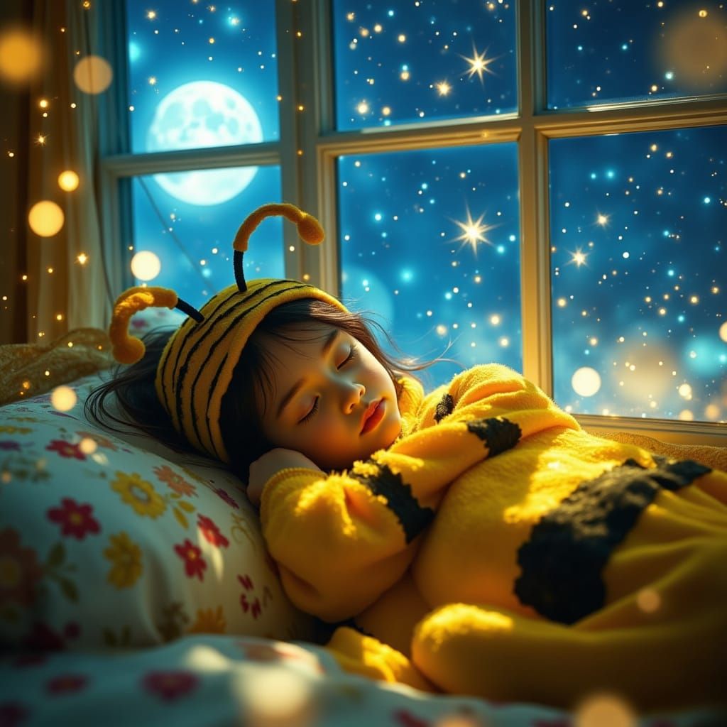 Girl in Bee Costume Asleep Under Stars