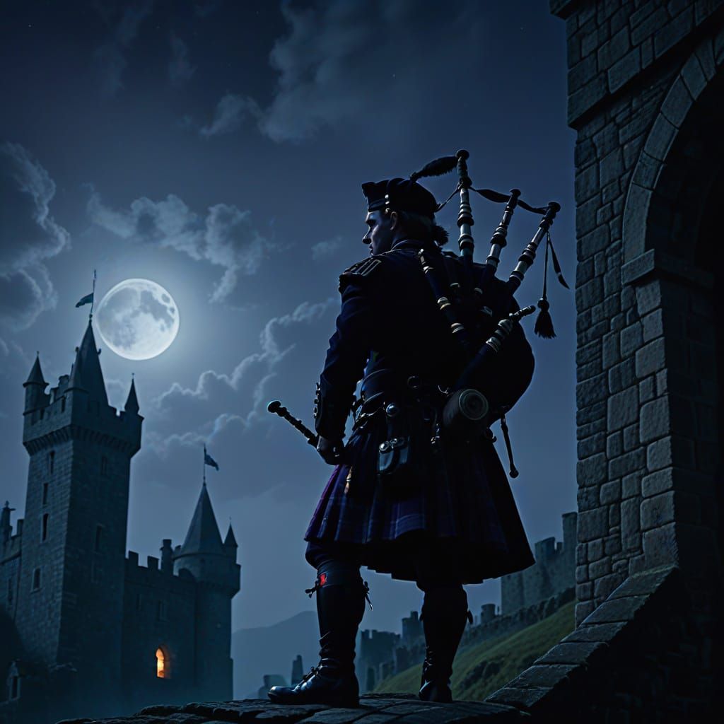 Bagpiper's Moonlit Serenade on Castle Battlements