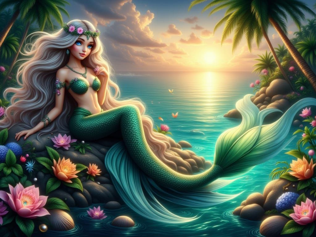 Surreal Mermaid in Tropical Cove