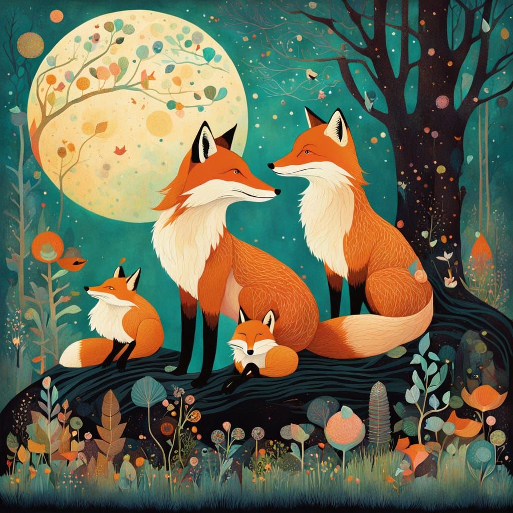 Fox Family Enjoying Life in Pastel Colors