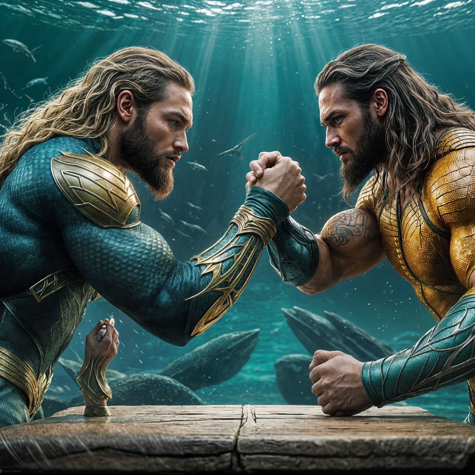 Aquaman and Avatar arm wrestling full HD realistic.