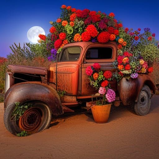Big beautiful flower garden in the back bed of an old rusty antique pickup truck in the desert
