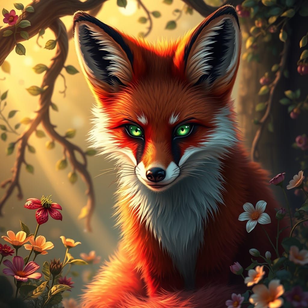 Majestic Strawberry Fox in Dreamlike Whimsy