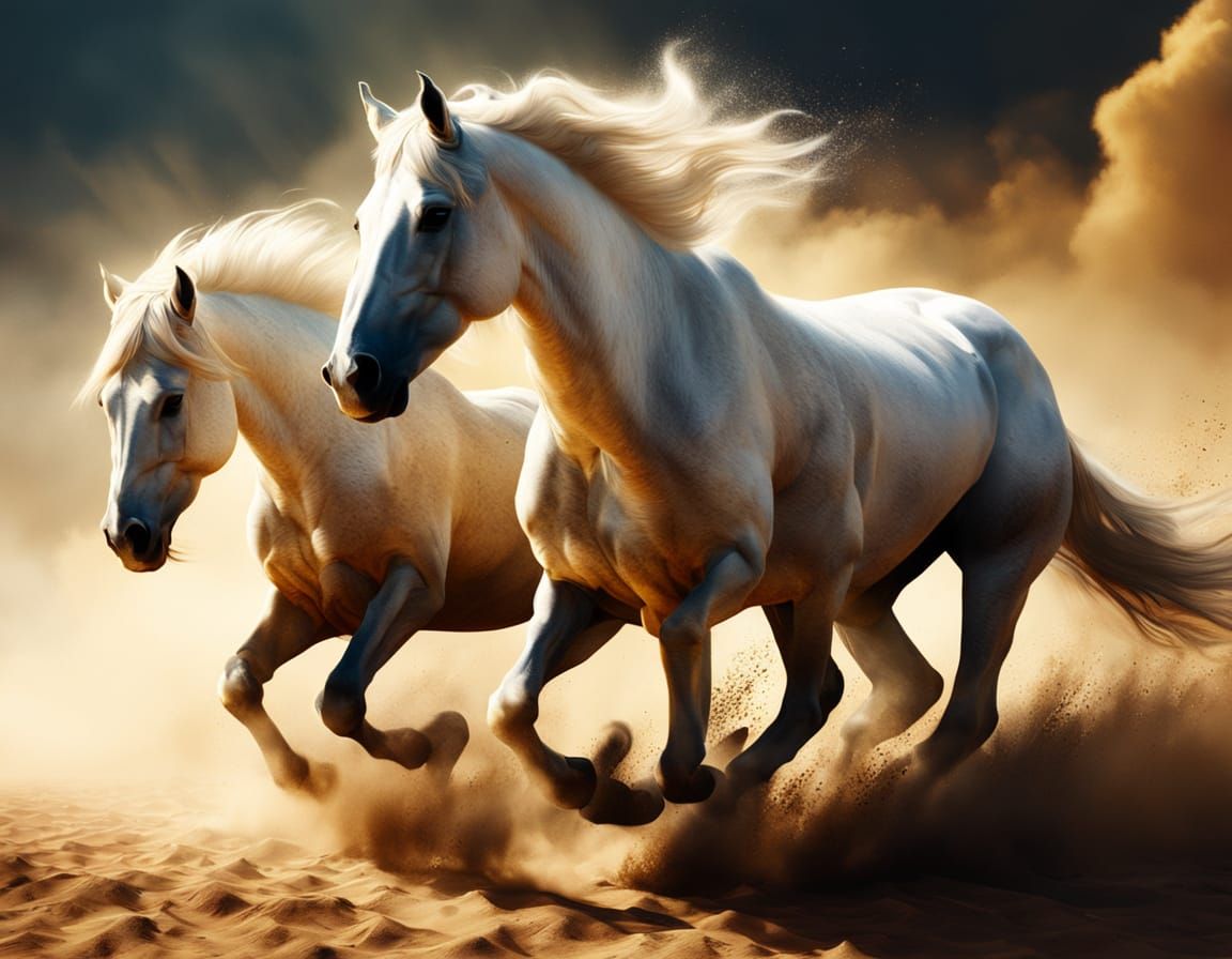White Horses in Desert Sandstorm: Hyperrealistic Splash Art