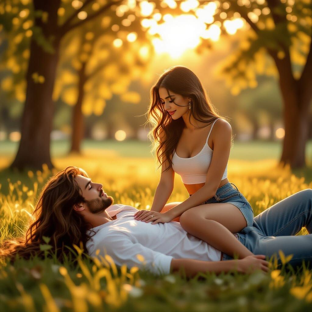 Romantic Couple in Park at Sunset Digital Painting
