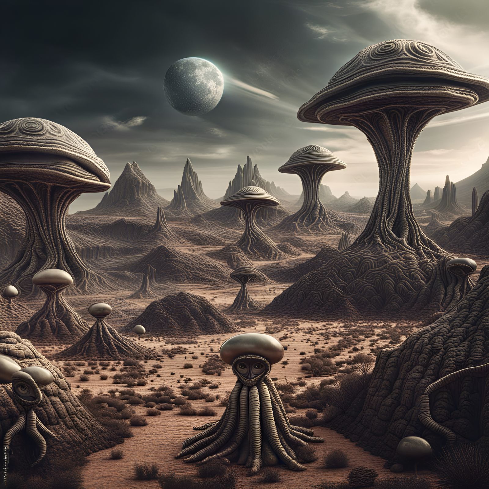 Hyperrealistic Alien Landscape with Bizarre Inhabitants