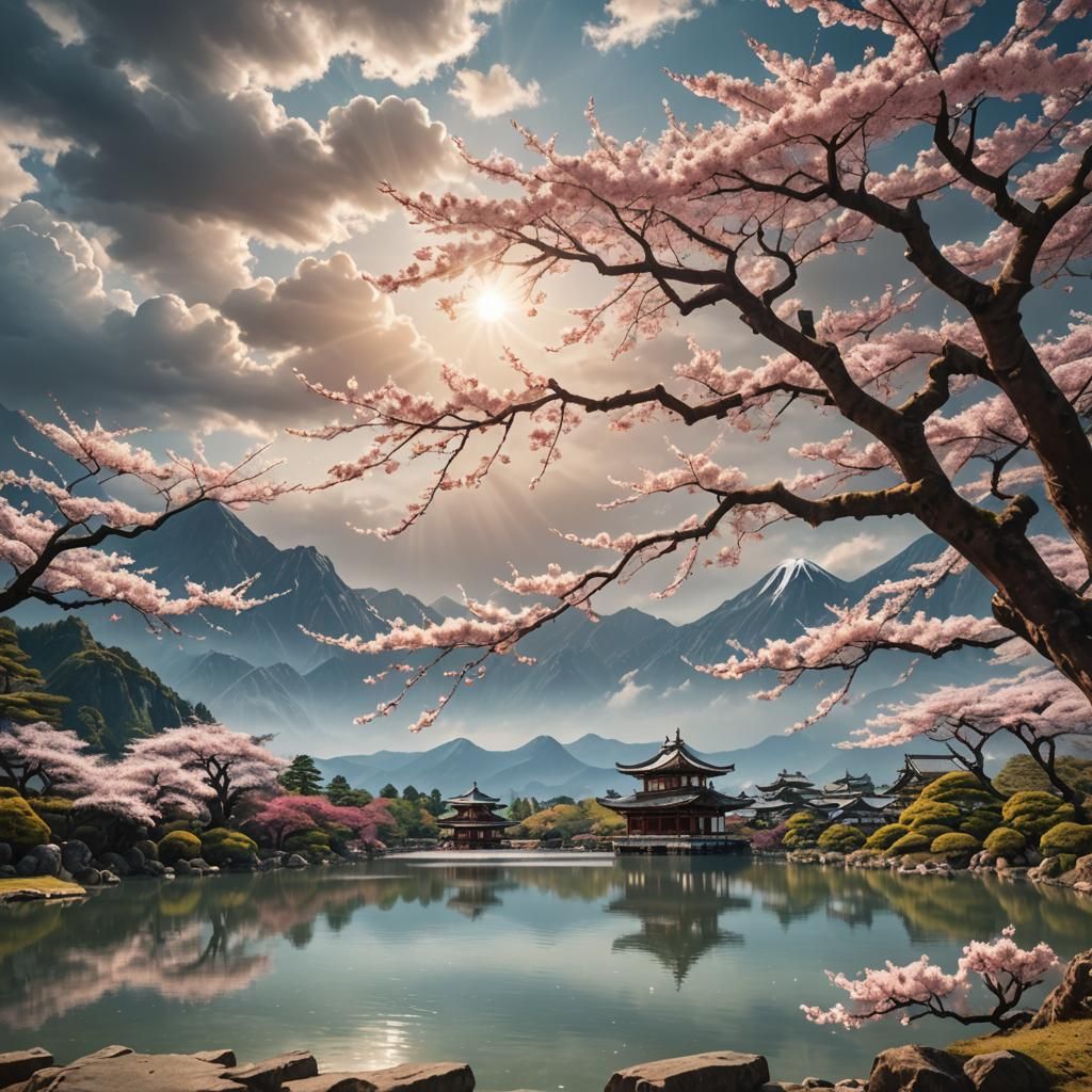 Sakura Tree by Lake with Temples: Digital Painting