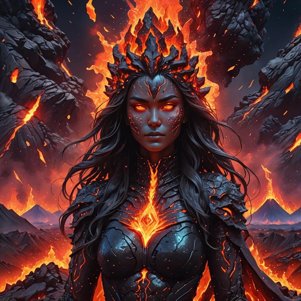 Lava Woman with Volcano, Holographic Illustration