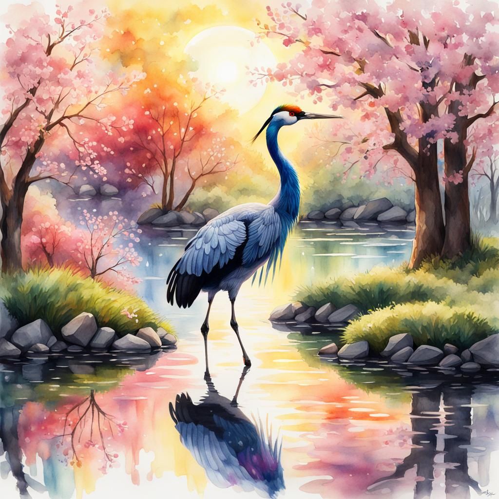 Rainbow Crane in Pond, Watercolor Splash Art