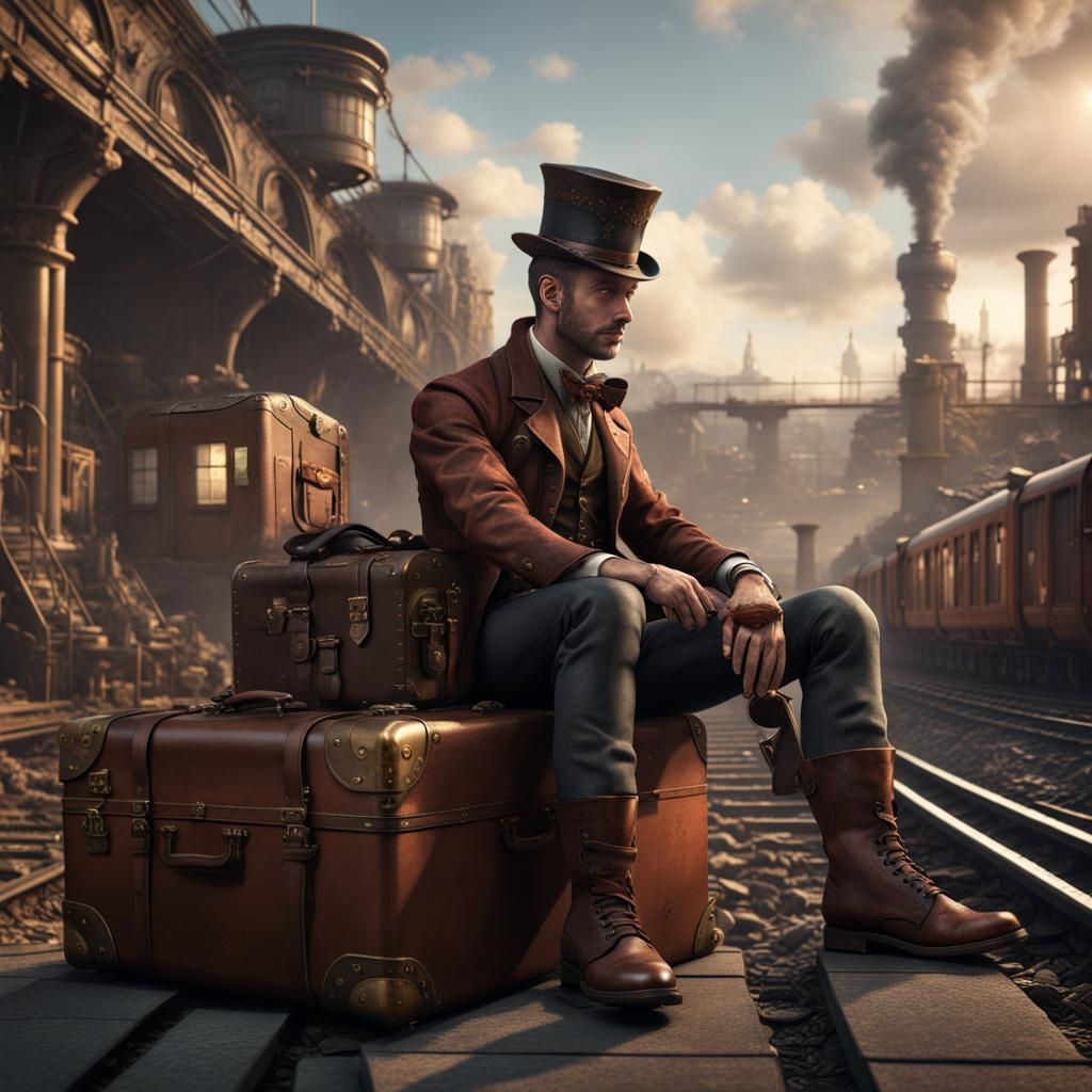 Steampunk Traveler Waiting in Train Station
