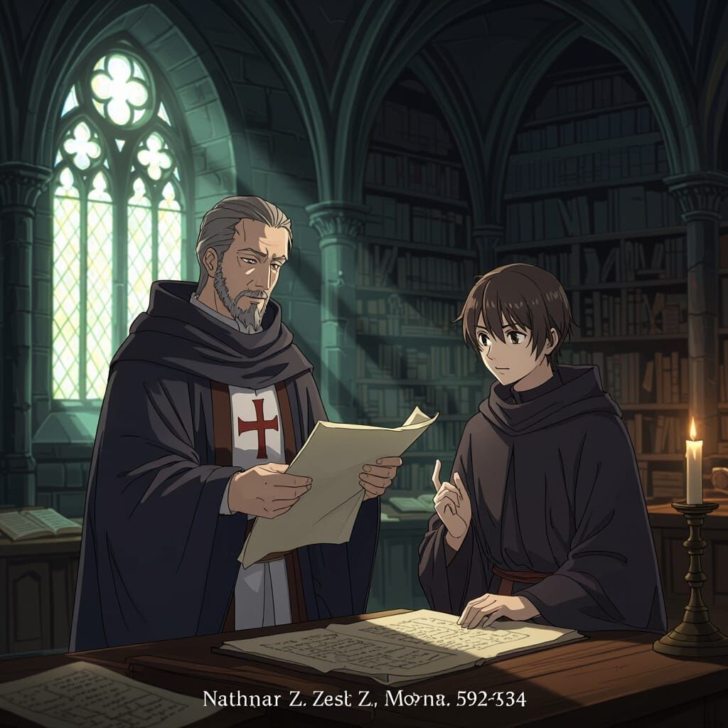 Anime Key Visual: Templar and Monk in Monastery