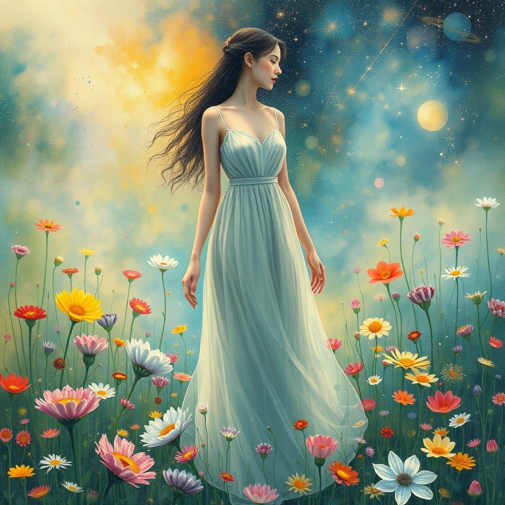 Ethereal Woman Surrounded by Vibrant Floral Cosmos