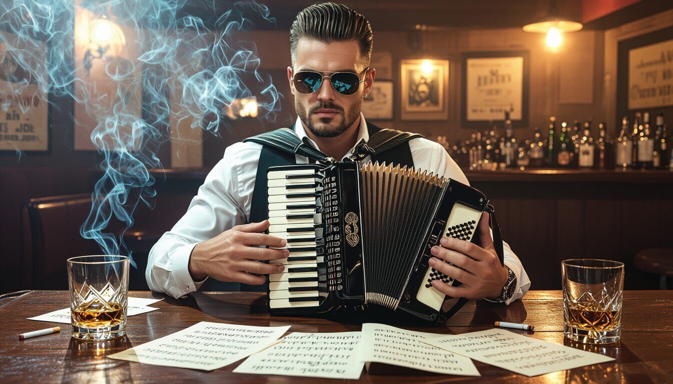 Accordionist in Dimly Lit Cantina, Impasto Style