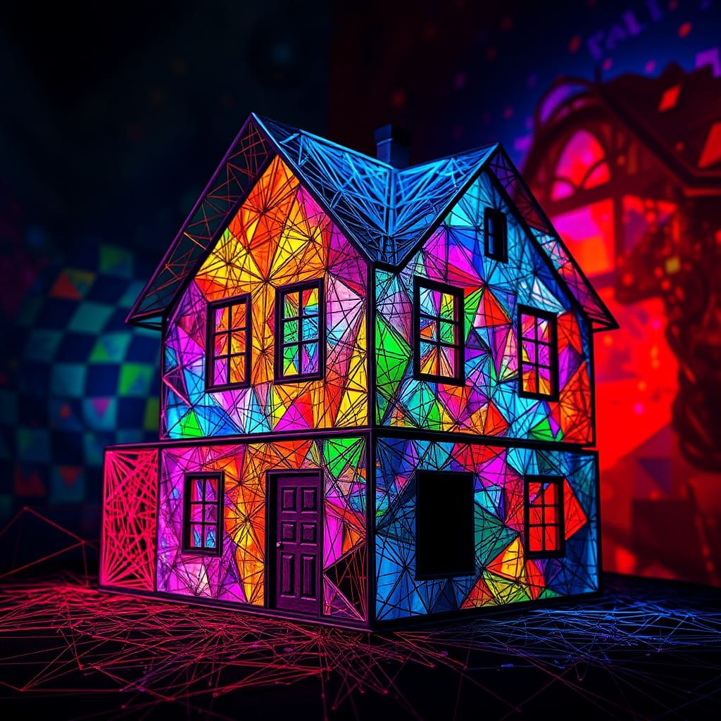 Vibrant String Art House in Splash Art Style