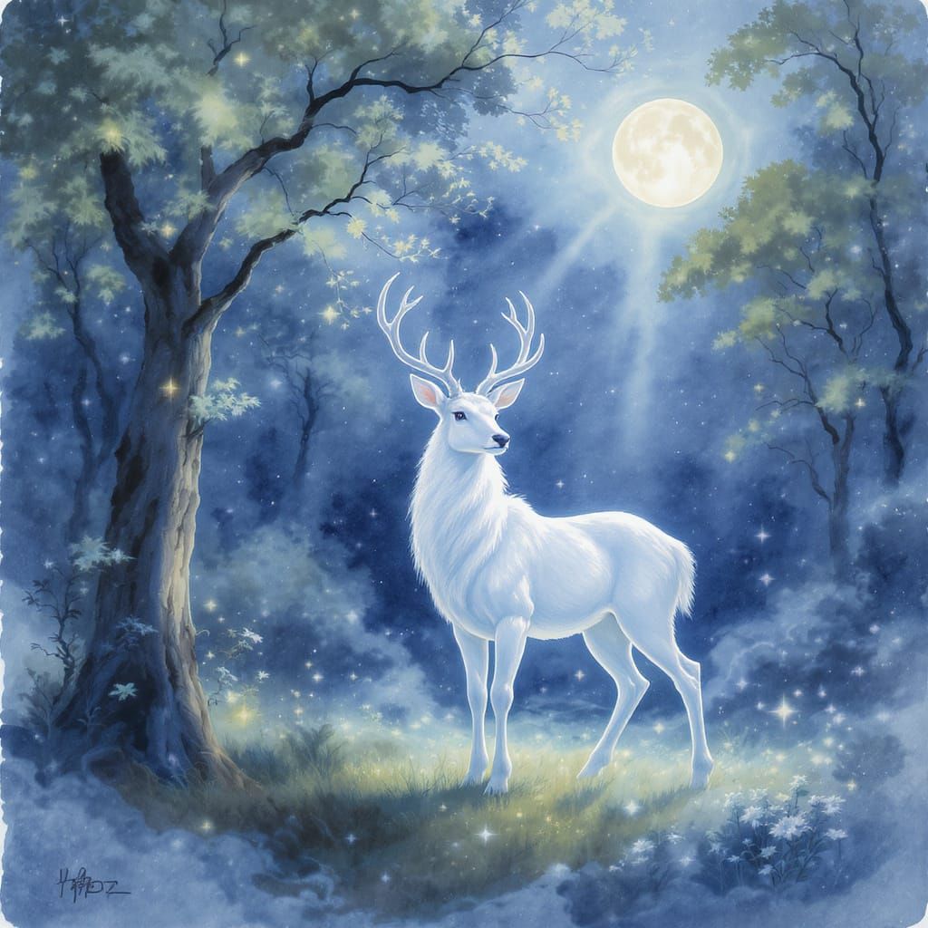 Enchanted White Deer in Moonlit Forest: Watercolor