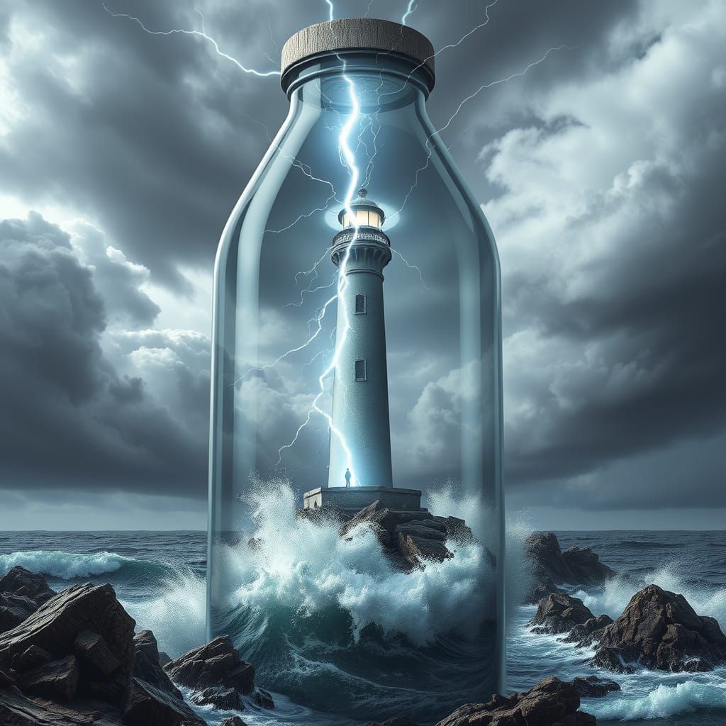 Lighthouse in a Majestic Antique Bottle Scene