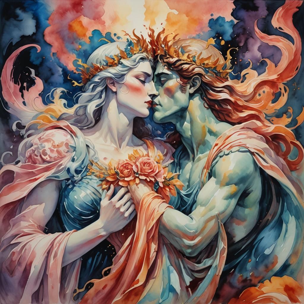 Persephone goddess and rough ghostly Hades kissing