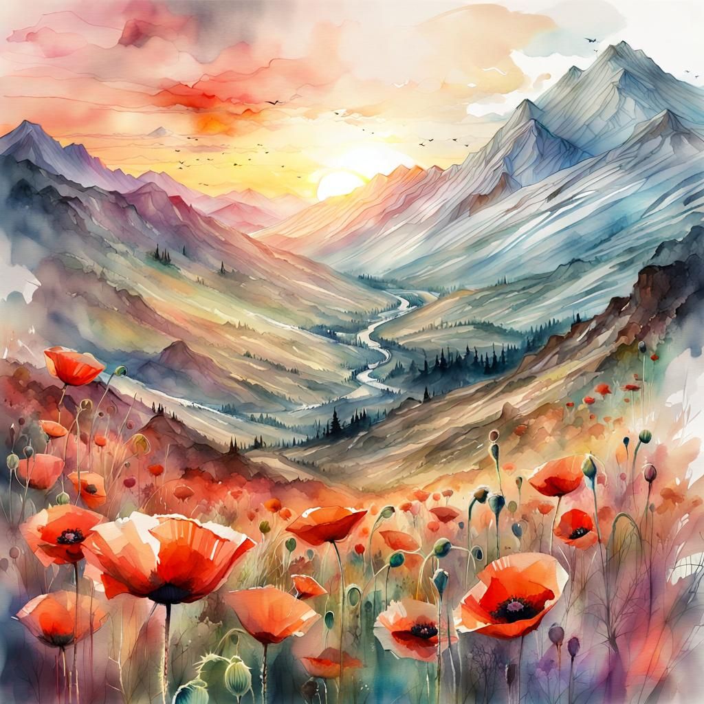 Watercolor Poppies in Mountain Landscape at Sunrise