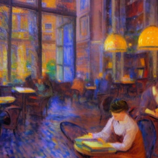 Impressionistic Cafe Scene with Books and People
