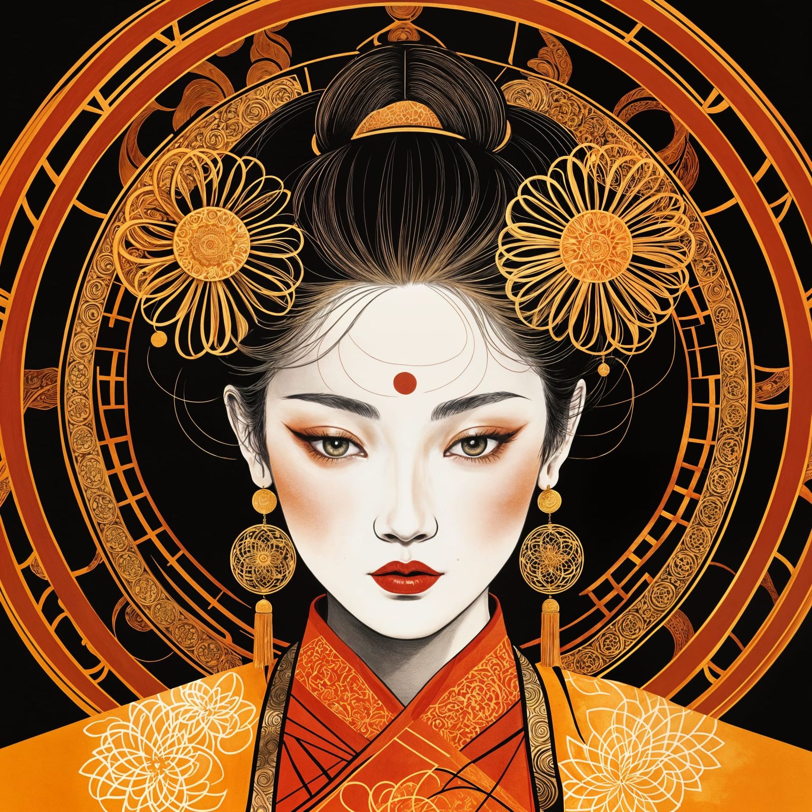 Asian-Inspired Feminine Portraiture in Gold and Orange