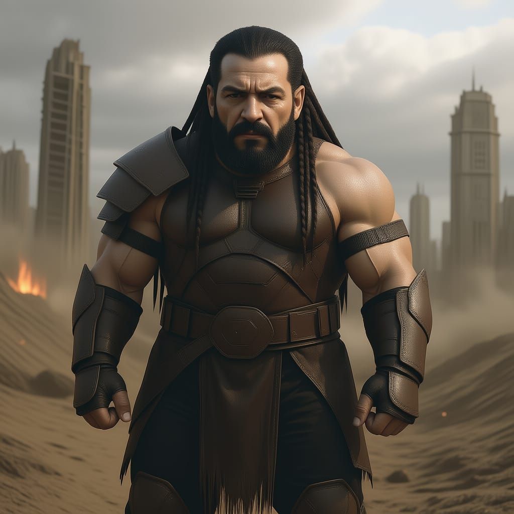 Sci-Fi Barbarian Warrior in War-Torn Landscape