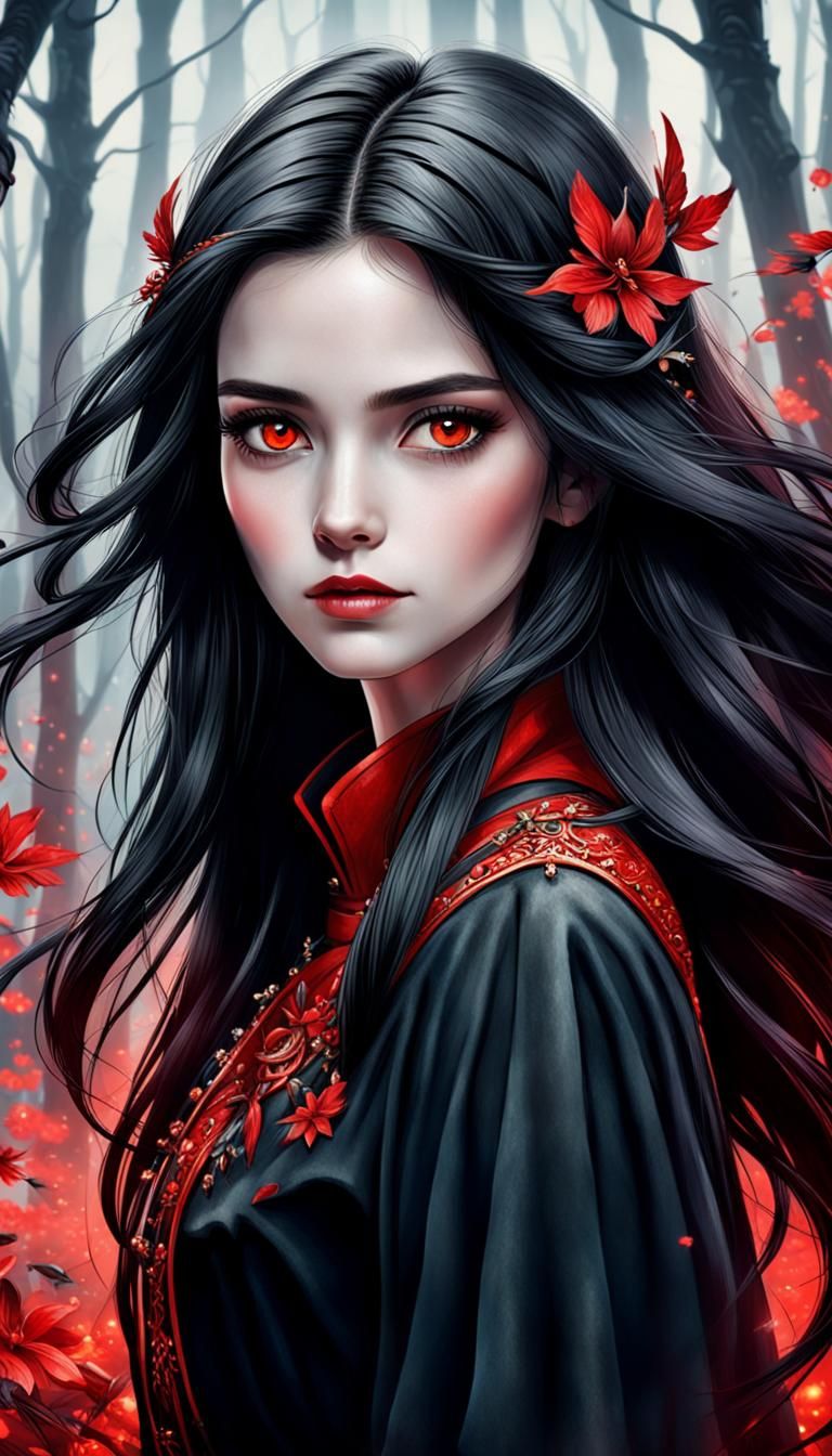 Young Woman with Red Eyes in Hellish Fantasy