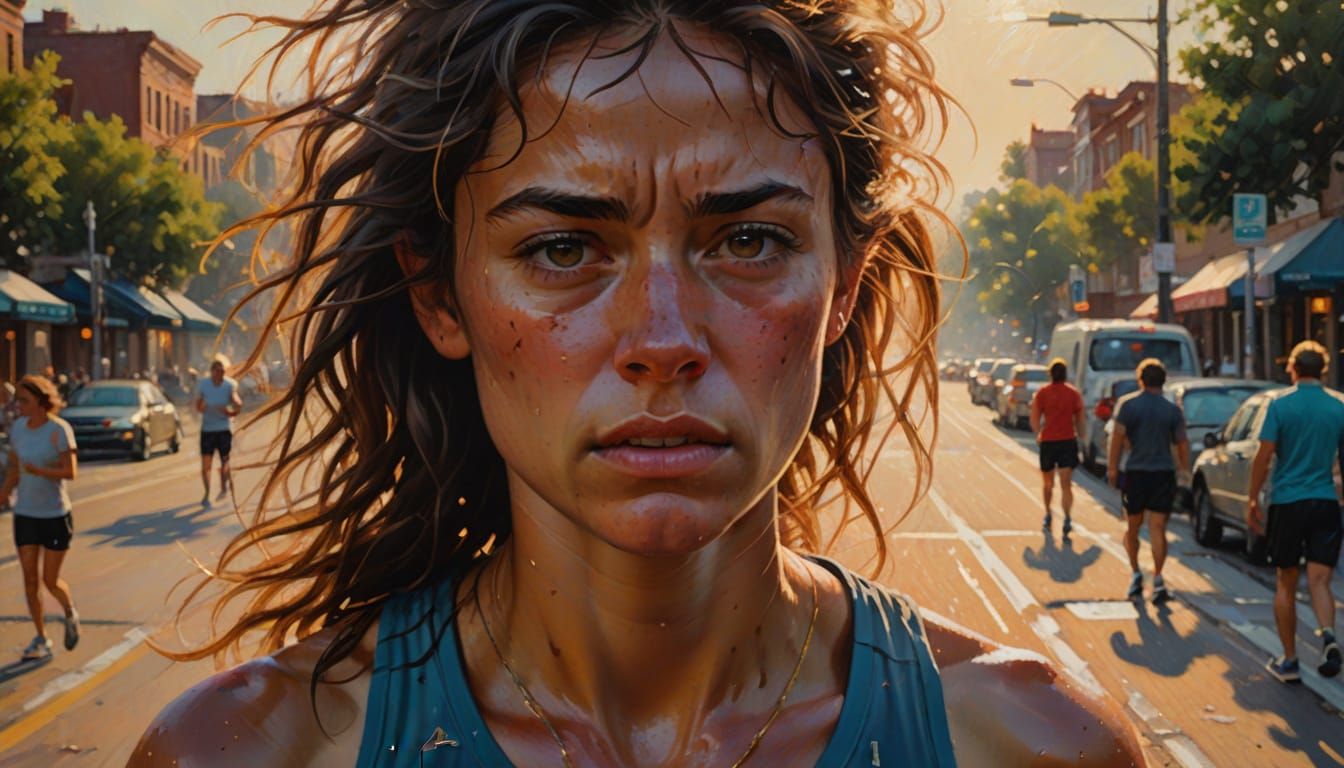 Exhausted Runner: Vibrant Oil Painting in Golden Light