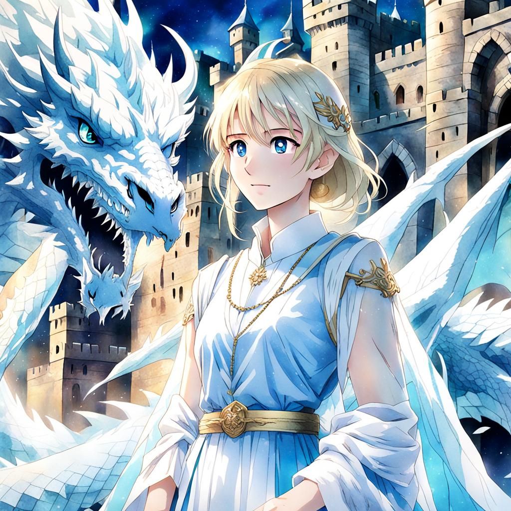 Anime Lady and Ice Dragon by Castle Walls