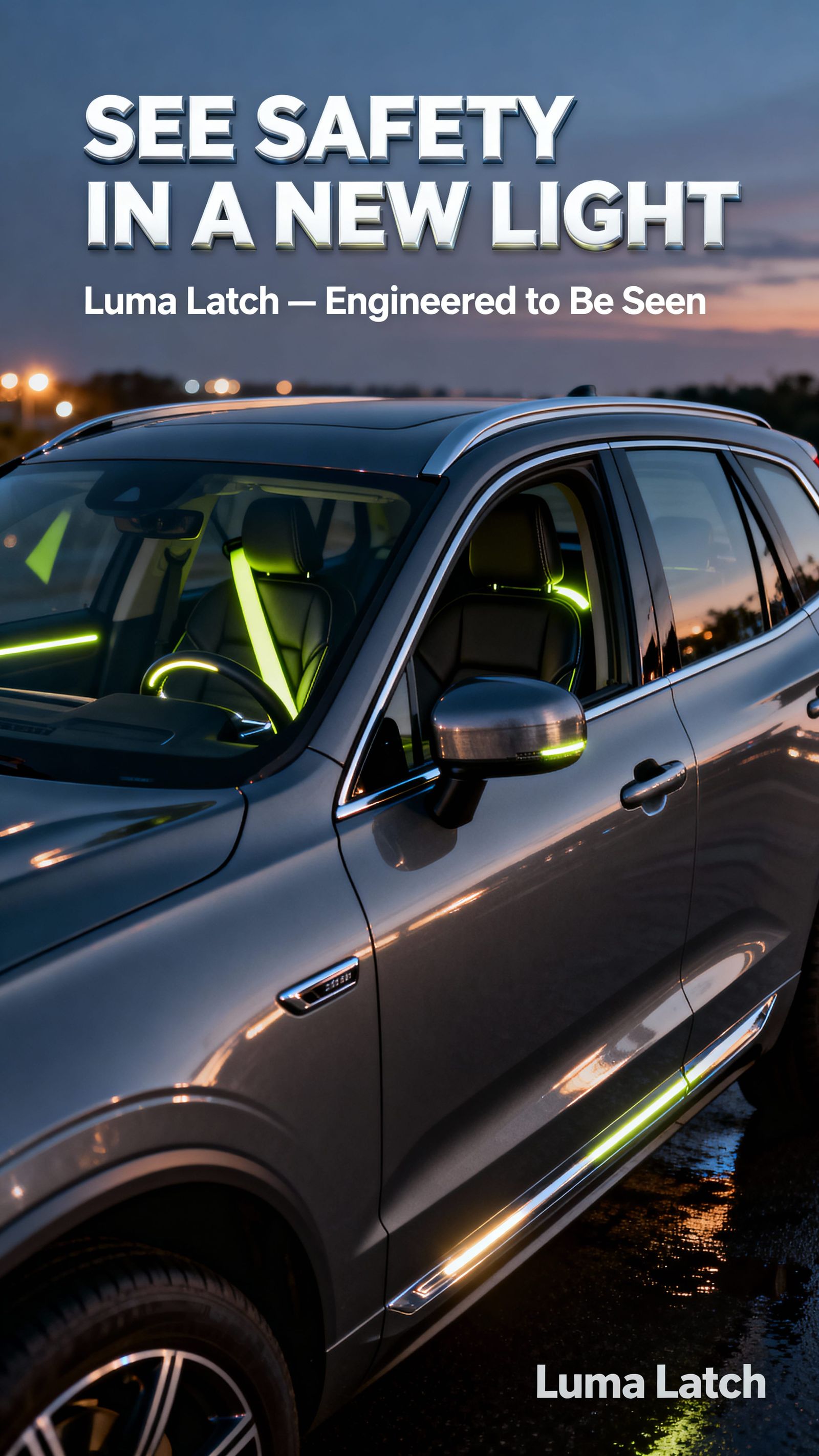 Premium SUV Interior at Dusk with Neon Seatbelt