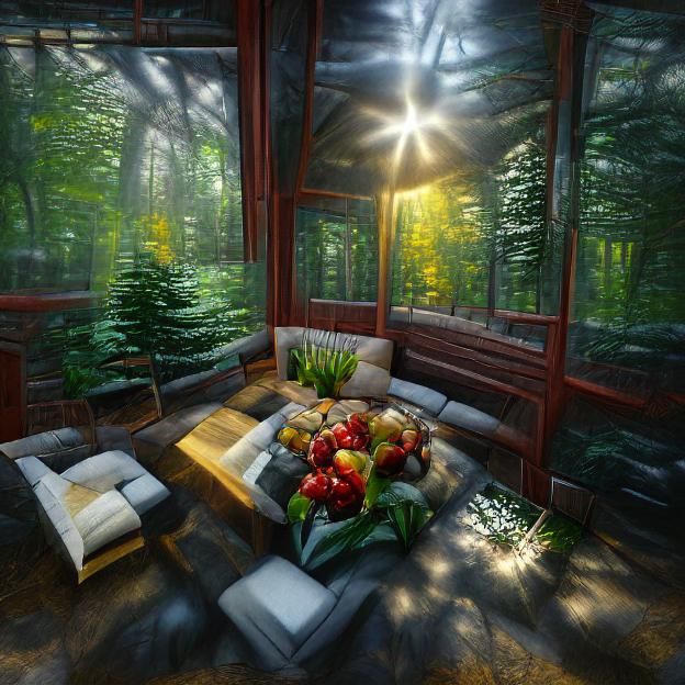 Cozy Sunroom in a Dark Forest: Hyperrealistic 3D