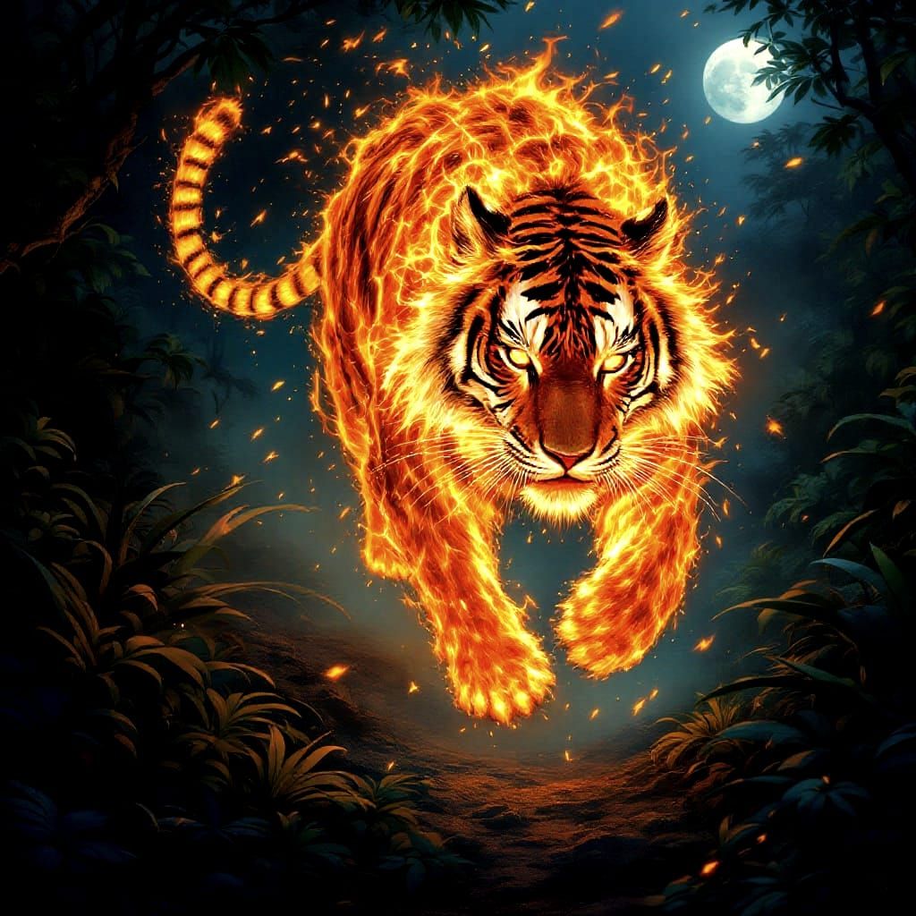 Fiery Tiger Running Through Night Jungle