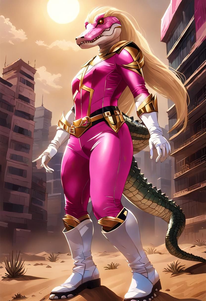 Albino Crocodile Anthro in Power Ranger Suit