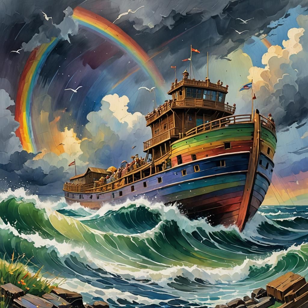 Noah's Ark Drifting to Shore as Impasto Painting