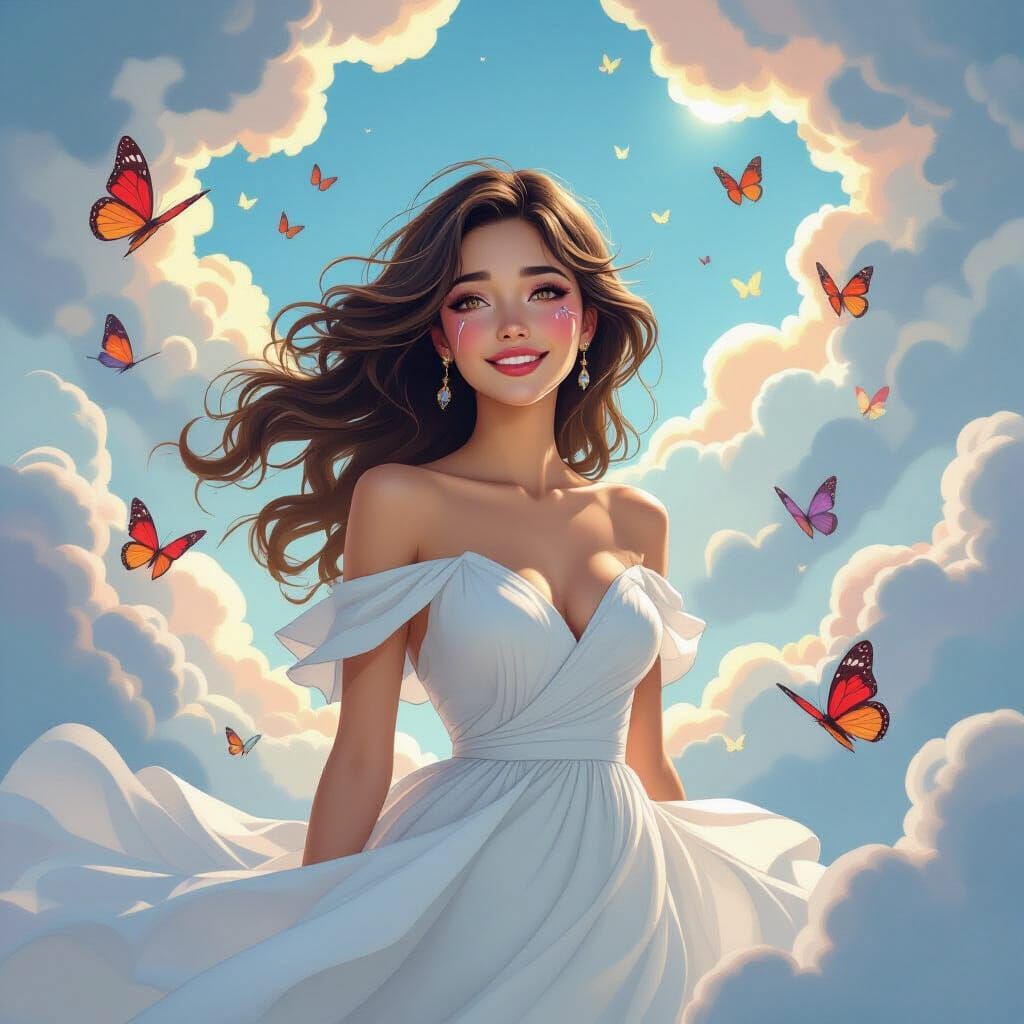 Whimsical Woman in Dreamy, Vibrant Landscape