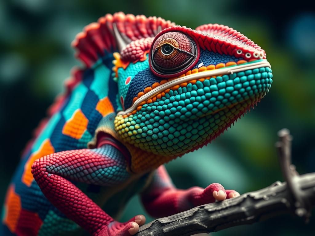 Vibrant Plaid Jackson Chameleon: Hyperrealistic Close-Up