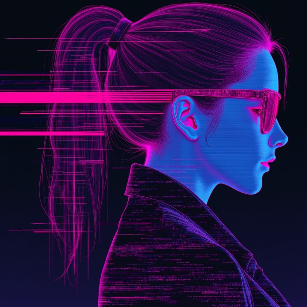 Cyberpunk Bounty Hunter in Glitch Art Style