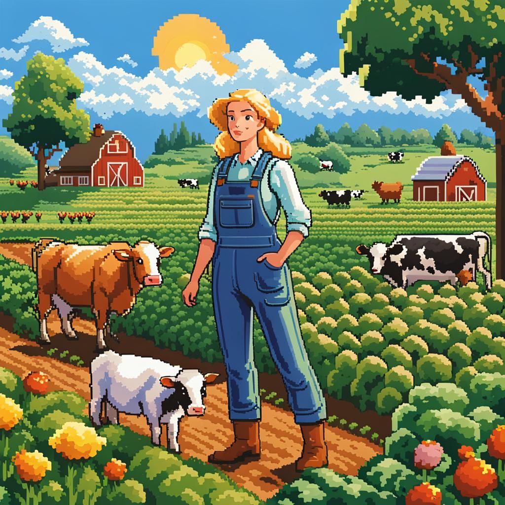 Pixel Art: Female Farmer in Spring Vegetable Field