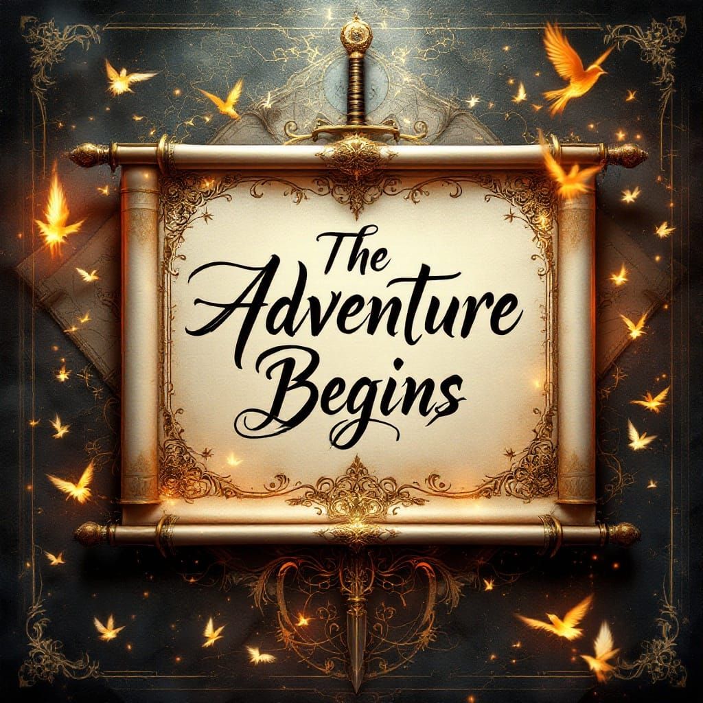 Elegant Copperplate Script on Ivory Scroll with Gold Filigre...