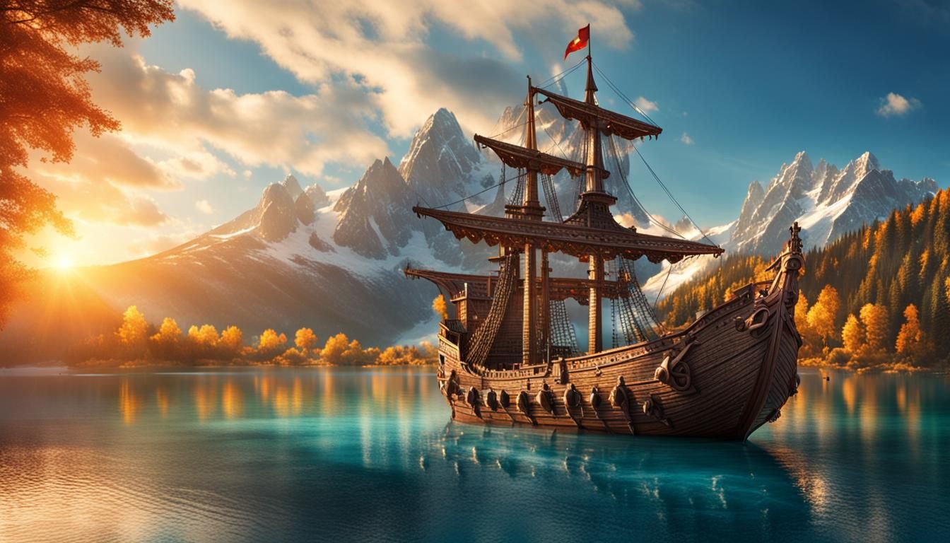 Luxurious Medieval Ship on Crystal Lake at Sunset