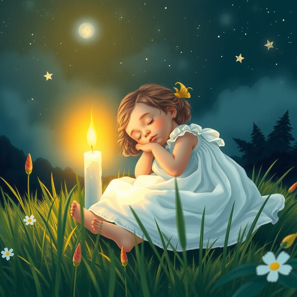 Child Sleeping Peacefully Under Starry Sky