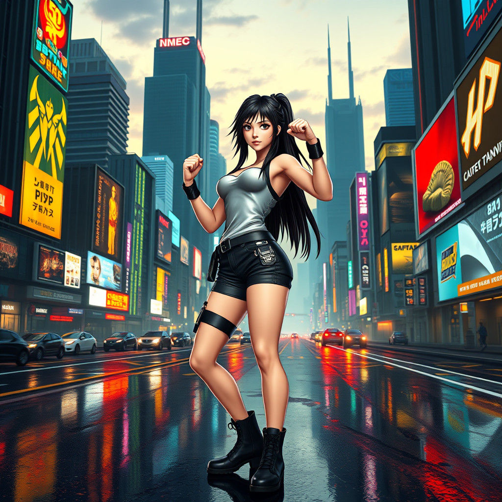 Tifa Lockhart in Futuristic Cityscape, Digital Art