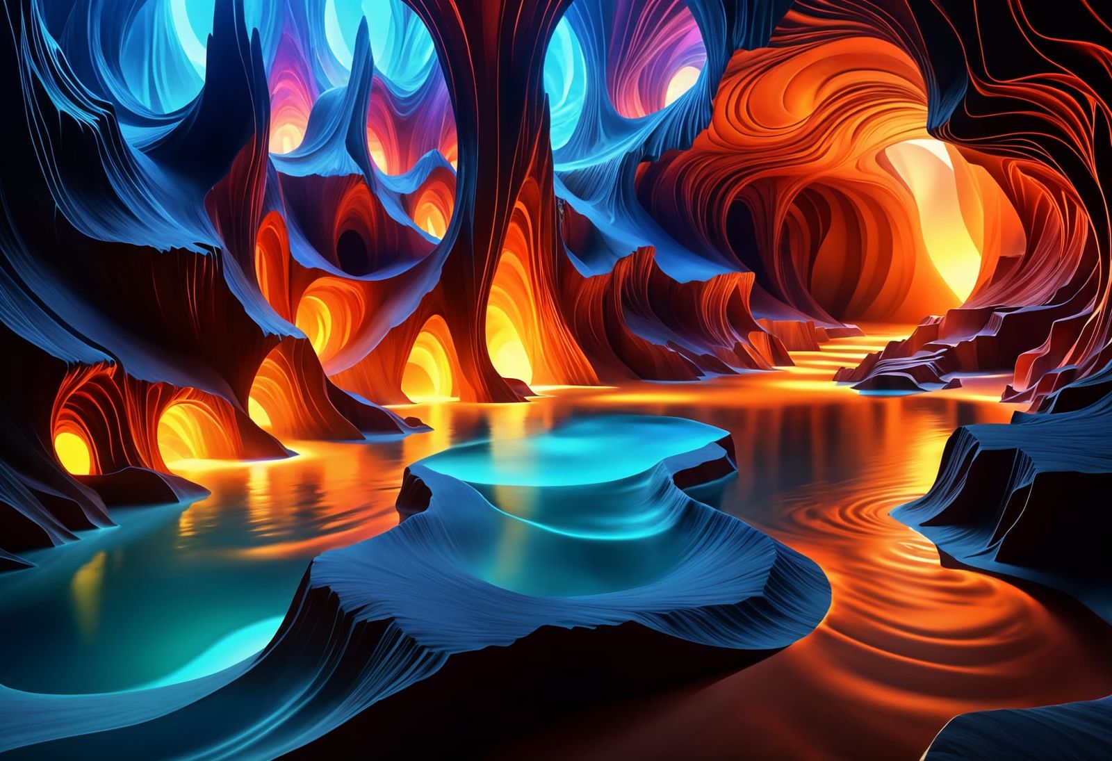 Mysterious Underground Cavern with Lamplit Pool