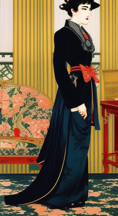 NeoVictorian UkiyoE Lady with Anthropomorphic Cat Portrait