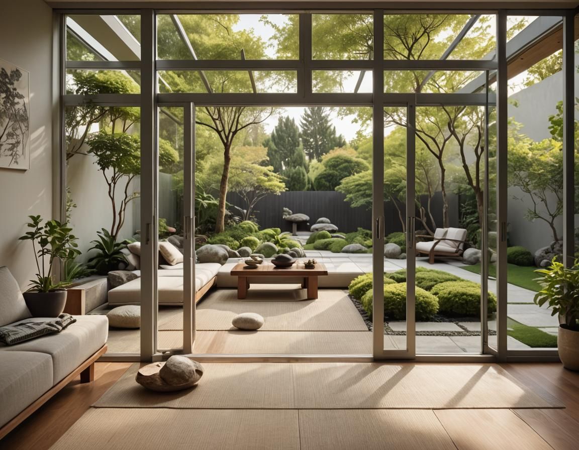 Minimalist modern living room with patio doors opening into ...