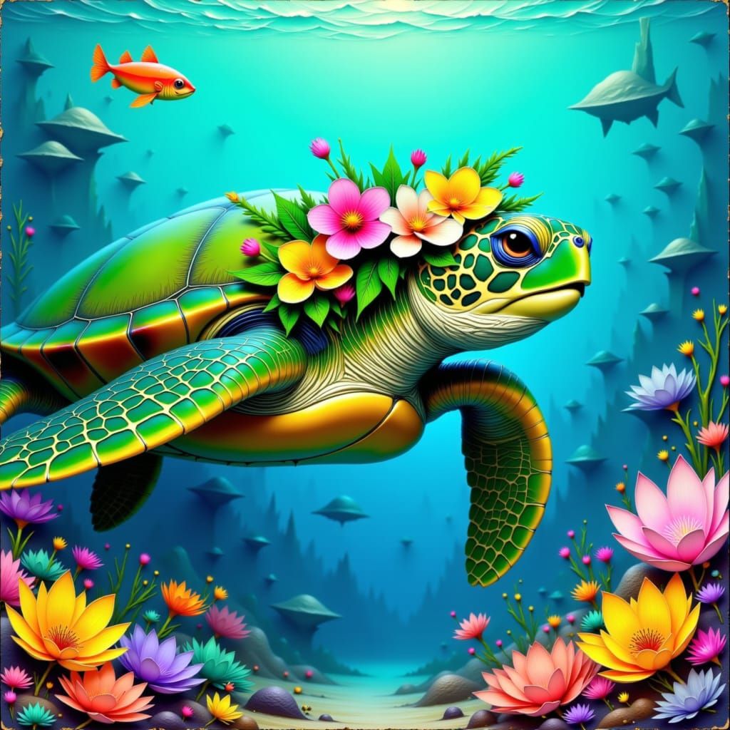 Hawaiian Turtle in Turquoise Waters, Folk-Art Style